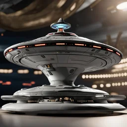 photorealistic uss enterprise ncc-1701X, saucer section connected by a thick angled neck down to the body of the ship, a long pillshaped oval with a deflector dish stuck in the front and a landing bay in the rear