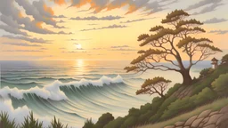 Cliffs overlooking the seaside, dynamic waves crashing, rustic wooden fence lining the cliff edge, expansive ocean view with a distant horizon, sky painted with the colors of dawn, a solitary tree standing prominently with thick, twisting branches