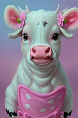 Portrait of A cute cow dressed in a onezy pajama outfit. The onezy has pink polka dots on and is thick and cozy. She has a flower in her hair. Anime