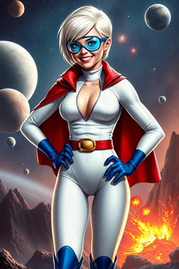 Karen Starr, full body, young athletic white female, crew cut Platinum bleach-blonde hair, thin, wearing thin blue goggle, semi-pointed chin, muscular build, Wearing white long-sleeved bodysuit with high collar with plunging neckline, blue elbow gloves, red belt with gold buckle, red cape, blue knee boots. Big smile. Background: outer space, planets, stars, galaxies, fire, explosions, volcanic lava, craggy peaks. Photorealistic