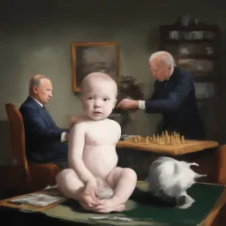 Putin, President Xi Of China And Joe Biden Play Chess With Atomic Bomb Mushroom Cloud,Complex Surgical Instruments Intermixed With A Newborn Boy,Minimalism,Painting By Adrian Ghenie,Rene Magritte,Pablo Picasso,Michelangelo,Salvador Dali,Lucian Freud