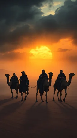 Bosch painting style nightmare , 3D ,a group of men in black tied together led by camels in line in a dramatic misty scene of the sunset time in a stormy weather in the desert background, high Quality picture , 8k