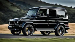 A sleek (((BMW G Wagon))) with a majesticly curved rear, cutting through a (sunny, open countryside) backdrop