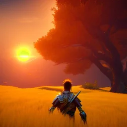 A wounded samurai leans against a tree in a field of yellow grass and watches the orange sunset، high details, high quality,8k , unreal engine, midjourny v4, landscape, ar4:3