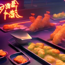 futuristic tempura food, night, japanese, neon light, volumetric smoke, volumetric light, octane render, food commercial, detailed matte painting, deep color, fantastical, intricate detail, splash screen, complementary colors, fantasy concept art, 8k resolution trending on Artstation Unreal Engine 5