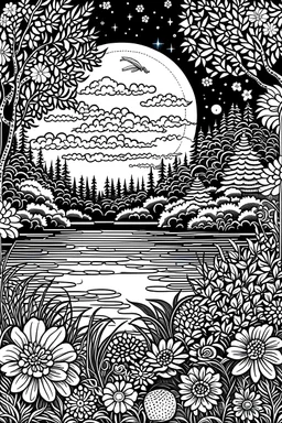 Create a mesmerizing line art featuring a tranquil lakeside scene under the moonlight. Include elements like a crescent moon, softly rippling water, and mystical flowers. Craft intricate details that capture the serenity of the night. Encourage the use of cool, to evoke a dreamy and enchanting mood. Let your coloring skills transform this moonlit lake into a captivating and magical master for coloring book