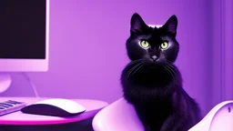 Cute black cat sitting on a gaming chair, in front of a gaming PC table, in a dark room with purple lights and gaming posters, atmospheric, gorgeous, realistic