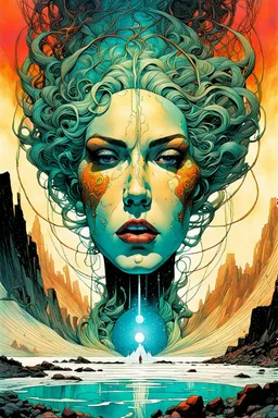 create a highly ethereal, darkly magical surrealist illustration of Lamae Bal, with highly detailed and deeply cut facial features, in the chaotic, turbulent, otherworldly landscape of Coldharbour in the comic art style of BILL SIENKIEWICZ and JEAN GIRAUD MOEBIUS, searing lines and forceful strokes, precisely drawn, inked, and darkly colored