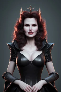 Geena Davis as evil queen in black leather, leather, busty, cleavage, angry, rage, stern look. character design by cory loftis, fenghua zhong, ryohei hase, ismail inceoglu and ruan jia. unreal engine 5, artistic lighting, highly detailed, photorealistic, fantasy