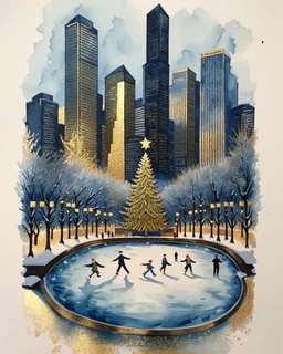 imagine an Art Deco style watercolor painting with gold foil applied to buildings. image of a Winter Park with a frozen pond, a Christmas tree, ice skaters, in foreground. background shows a cityscape with dark blue buildings accents with gold foil and One building is entirely gold foil. Christmas vibes, festive, elegant styling. MY PROMPT ABOVE. I used Microsoft Designer to create these images. I love how they turned out!