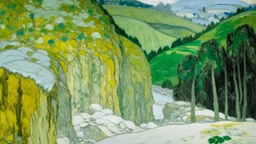 A pale light green snowfields near a cave painted by Gustav Klimt