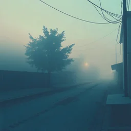 A schematic, nostalgic, vaporwave-style image of a dimly lit, foggy street in the outskirts with a pastel blue and brown color scheme. The street has a textured, rough surface. There is a tree in the corner. The background contains a few buildings. The overall atmosphere is eerie and foggy.