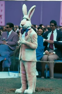 1990 human show the winner is a "half human rabbit combined animal::40", realistic (film Color Mission 200::10) photo from old disposable camera , grainy photo, large suit, macarbe