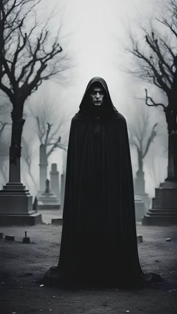 Portrait. A creepy figure in a black mantle stands in the middle of the cemetery. Horror movie style. Gray tones.