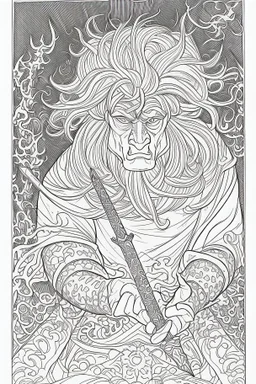 coloring book page of a gigantic troll holding a sword