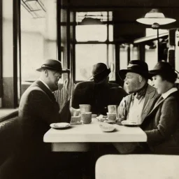 Realist portrait of armadillo people having coffee together in a diner 1920s