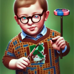 peter billingsley chubby kid with spectacles, gripping a single ((Dark red))soap bar, ((brown))argyle sweater