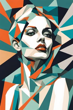 A portrait in a geometric style with hard edges and sharply contrasting colors.