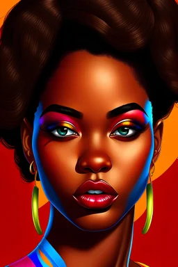 Create a vibrant and realistic image of a black girl, featuring a front-facing camera position. Emphasize the details of lipstick, a farapopier, and a beautiful hairstyle against a colorful background, complemented by meticulous makeup. Key Elements: Camera Position: Front-facing view to capture the girl's features prominently. Face and Skin: Realistic depiction of rich and deep skin tones. Subtle variations to highlight natural complexion. Emphasis on natural highlights and shadows. Facial