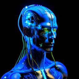 Organic Jon, cyborg Ai King with neuralink headgear, on an inter dimensional catwalk, perfect human face, clear acrylic plastic film, full body shot, catwalk fashion show, iridescent, surreal, Salvador Dali meets pixels, aaymin,waterhead, is the name, dj style, neon blue