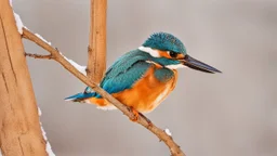 A kingfisher bird with vibrant blue and orange plumage perched on a snow-covered branch against a orange background