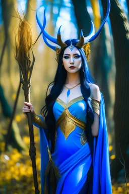 A picture of a beautiful blue faced Korean goddess with skin painted blue, blue body, blue torso, wild black hair, stag antlers, elven ears, golden skirt, holding a staff in a sunny forrest