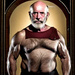 burly muscular ugly 58 year old man bald with short beard and tank top manly chest chooses a bottle of wine in a cellar full of wine bottles dramatic light angry eyes highly detailed