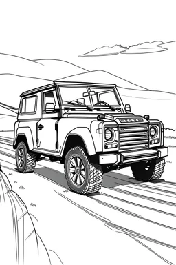 Outline art, no shading, full land Rover defender on the road, cartoon style, thick lines, low details, --ar 9:11