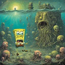 Surreal mutant decayed SpongeBob Squarepants monstrosity, 'he lives in a nightmare under the sea', alternate zombie SpongeBob and Squidward, by Zdzislaw Beksinski, by Jack Davis, by Dave Kendall, sinister unnatural comix underwater landscape, surrealist horror art, creepy eerie dystopian.