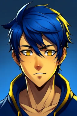 handsome young man with dark blue hair and yellow eyes anime realistic smirking