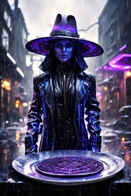 sacred geometry framed dinner plate, black, blue and purple noen cyber punk dancer thief in soaked rain coat and cowboy witch hat shadows boss card in the style of Giger and fallout 4 ,,bokeh like f/0.8, tilt-shift lens 8k, high detail, smooth render, down-light, unreal engine