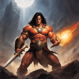 n his hands, Conan wields a warhammer, its weight seemingly insignificant within his mighty grasp. The weapon gleams in the sunlight, a testament to the countless foes it has crushed under its devastating blows. With every sinewy muscle flexed, Conan exudes an aura of raw power and indomitable strength. His gaze never wavers, locked onto some unseen target in the distance. It is the gaze of a warrior, honed by years of hardship and survival. In that moment, Conan appears as an unstoppable force,