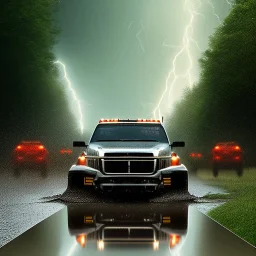 hyperrealistic shot, off-road truck, speeding, earth color palette, sharp focus, puddle reflection, tire water splash, refraction, rain and lightning on the horizon, shadowcast, detailed and intricate, cinematic composition, tilt shift photography