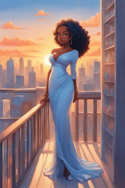 The scene opens onto a serene balcony overlooking a bustling city skyline. The sky above is painted in soft hues of blue and orange as the sun begins its descent, casting a warm glow over everything it touches. In the foreground stands a captivating figure, airbrush chibi cartoon curvy black woman exuding confidence and elegance. She is adorned in a flowing white knit maxi dress that hugs her curves in all the right places, accentuating her silhouette. Her choice of footwear is equally stunning