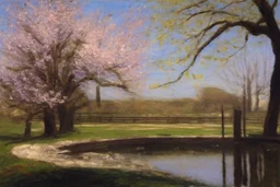 amazing sunny spring day, trees, flowers, fence, little pond, philip wilson steer impressionism painting