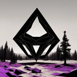 a large dark black ominous rhombus shaped structure with a neon purple outline floating high above a desolate monochrome landscape