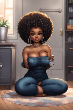 Create a furturism magna art of a black chibi curvy female sitting on the floor looking at her cell phone. She is wearing tight blue jeans and a black off the shoulder blouse. Prominent make up with lush lashes. Highly detailed tight curly afro. She is also wearing silver large hoop earringsart of a black chibi curvy female sitting on the floor looking at her cell phone. She is wearing tight blue jeans and a black off the shoulder blouse. Prominent make up with lush lashes.