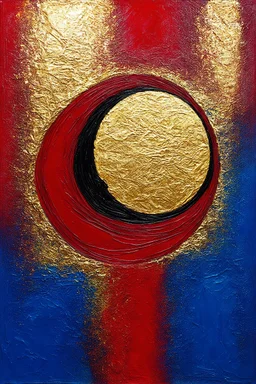 create picture of "Create an abstract painting in a vertical format, dominated by rich shades of red, golden, blue, and shimmering gold. Emphasize textured surfaces and incorporate swirling, crescent-moon-like shapes. Include subtle hints of intricate, calligraphic-inspired details in black within golden big circular or oval forms."