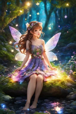 Deep in the heart of a vibrant, magical forest filled with vivid colors, there sat a cute anime fairy girl with shiny brown hair, wearing a glittery floral summer dress. Perched on a river stone, surrounded by flickering lights and the enchanting aroma of nature, she gazed with her big, glowing, lovely eyes into the wondrous fantasy world around her, brought to life through the strokes of colored ink.