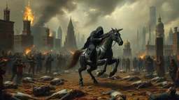 A chaotic cyberpunk interpretation of Bruegel's "The Triumph of Death", capturing the symbolic "harvest" of humanity. this is terror. A dystopian metropolis under smog sky, where cybernetic grim reapers are executing physical harvest. Many of humans citizens killed an army of cyberwarrior androids and robots, panicking people, many bodies lying on the ground. In the foreground, a cyber-death warrior in black hood with futuristic gun, on a mechanical horse, thriller