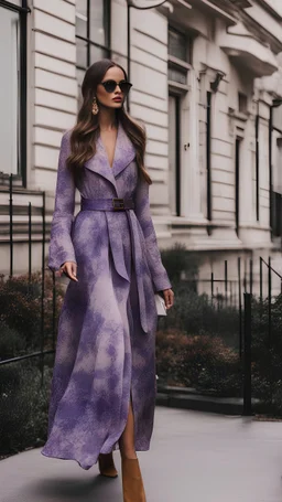 Fashion show walk onto the street. Women wear print lavanda brown ombre mini, midi, or maxi dresses for winter party wear, or autumn outfits that lend well to transitional layering, such as trench dresses and woven print dresses (multiple views of the same character) randomized backgrounds, realistic, randomized poses