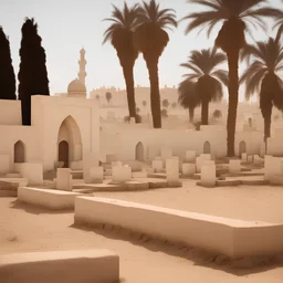 مقبرة ليبية قديمة قبورها بدون شواهد بجوار مسجد مع بعض أشجار النخيل والزيتون