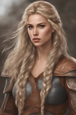 A drawing of beautiful woman with blond hair, viking braids Brown leather armor.