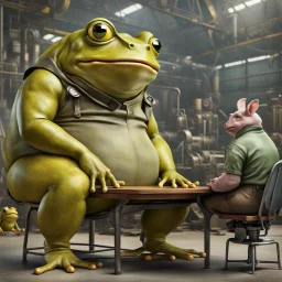 a big fat yellow-green anthropomorphic frog in human cloths sitting on a massive metal chair at the wooden table, talking with opposite sits on a less chair pale brown little mutant anthropomorphic frog with a round head, big round eyes and little pig ears on his head and wearing work clothes and looking the frog, in background blur empty assembly workshop, hangar, pale light, high detalied, high realistic, professional photo, sci-fi mood, fantasy style, digital art