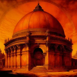 An orange colored sun temple painted by Leonardo da Vinci