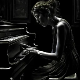 As the music reaches its climax, the woman's body begins to sway back and forth, as if she's lost in the emotions of the song. Tears well up in her eyes, and she lets out a soft, mournful sigh. The recording ends, and she sits back in her chair, lost in thought once againAnd she looks in the other direction style pen drawing