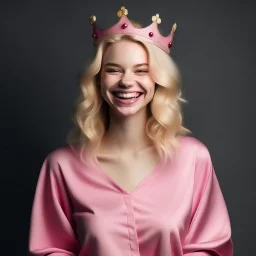 A beautiful woman with beautiful blond hair, happy, wearing a modest velvet pajama, her hands are pink, and a crown is on her head.