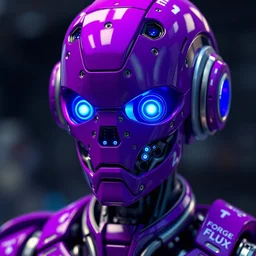 advanced purple cyborg with artificial intelligence, blue eyes in the form of light bulbs, created using complex technologies, robot number "FORGE + FLUX", ultra detailed, HDR, high quality image, realistic image, 8k, high quality, hyperrealism