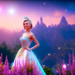 Princess, woman blondie, smile, beautiful place,amazing, flowers, colors, blue and pink butterfly, , realistic, photo real, stars night, detailed, high contrast, 8k high definition, unreal engine 5, extremely sharp detail, light effect, light background