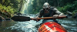 ancient bald ogre troll machete in kayak in stream